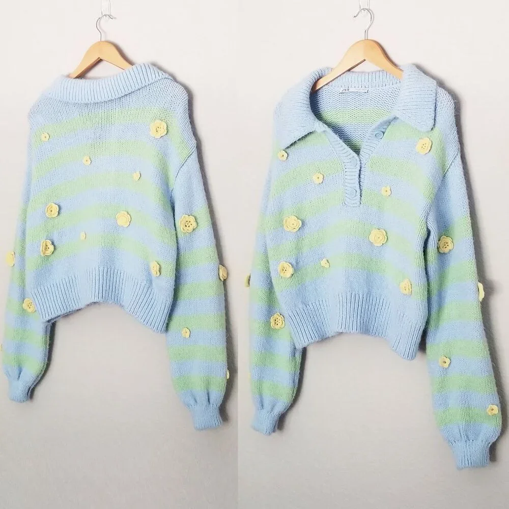 Zara Crochet 3D Floral Embroidered Striped Polo Collared Sweater L Blue Fairy - Picture 6 of 16